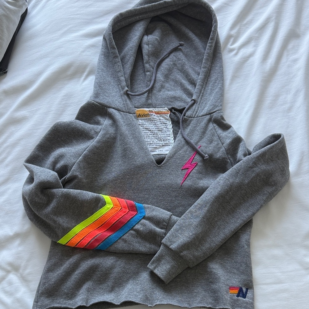 Aviator Nation Gray V-Neck Sweater with Rainbow Accents